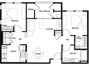 Floor plan for 2 beds, 1 bath, 968 sqft
